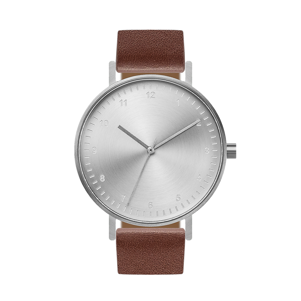 B60 Watch, Silver Case, silver Dial, Leather Strap - Coffee