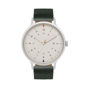 B70 Watch, Silver Case, Beige Dial, Calendar, Luminous, Leather Strap