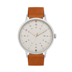 B70 Watch, Silver Case, Beige Dial, Calendar, Luminous, Leather Strap