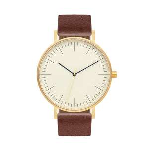 B001 Watch, Gold Case, Off White Dial, Leather Strap - Coffee - BIJOUONE