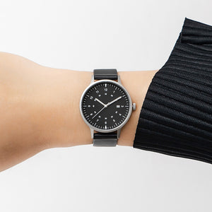B70 Watch, Silver Case, Black Dial, Calendar, Luminous, Leather Strap - Black