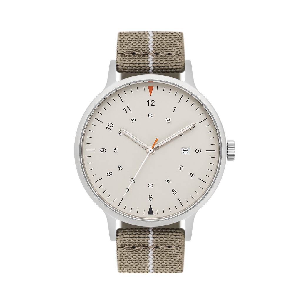 B70 Watch, Silver Case, Beige Dial, Calendar, Luminous, Stretch Nylon straps - Khaki