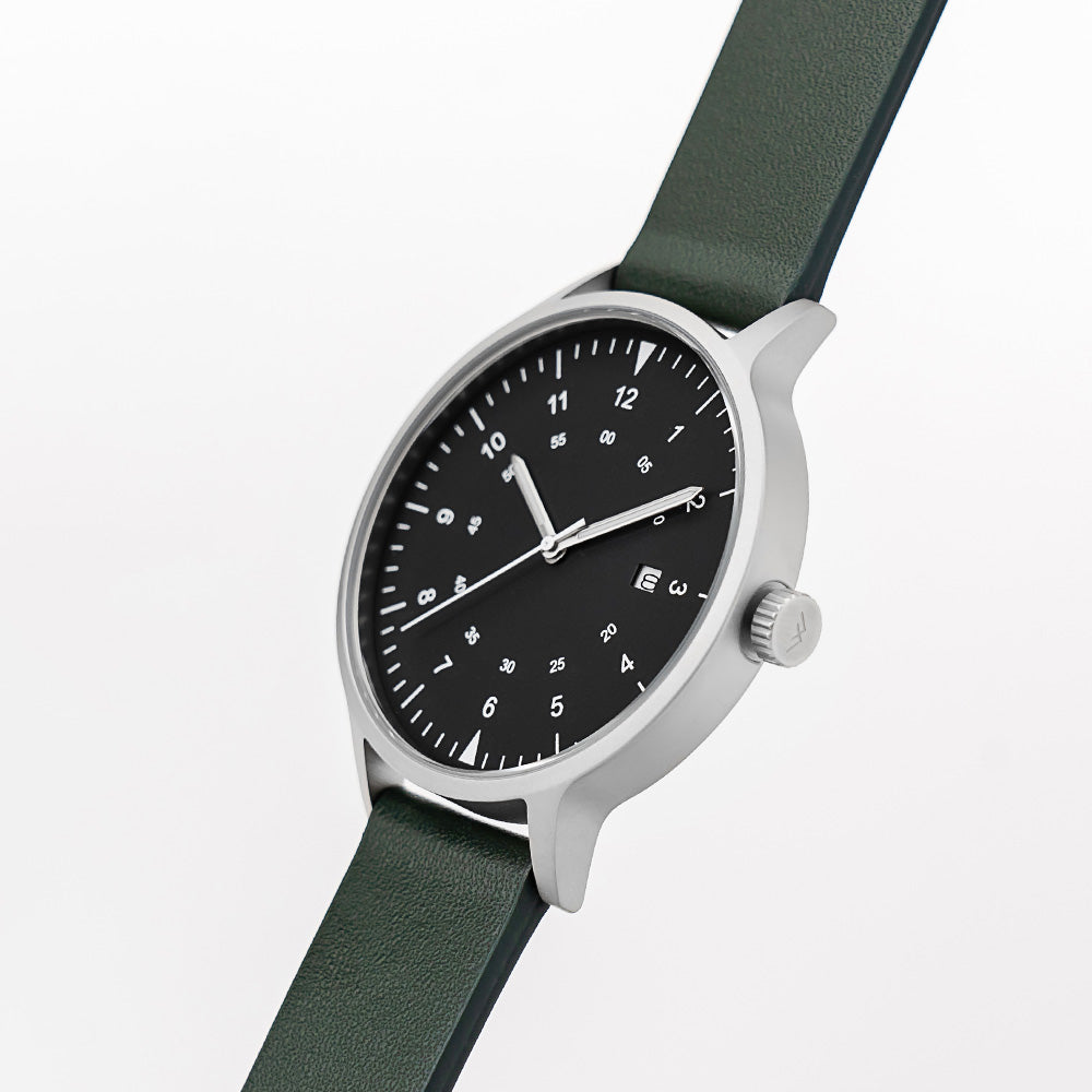 B70 Watch, Silver Case, Black Dial, Calendar, Luminous, Leather Strap - Green