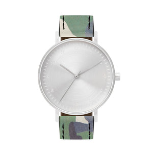 B60 Watch, Silver Case, silver Dial, Leather Strap - Camouflage Green - BIJOUONE