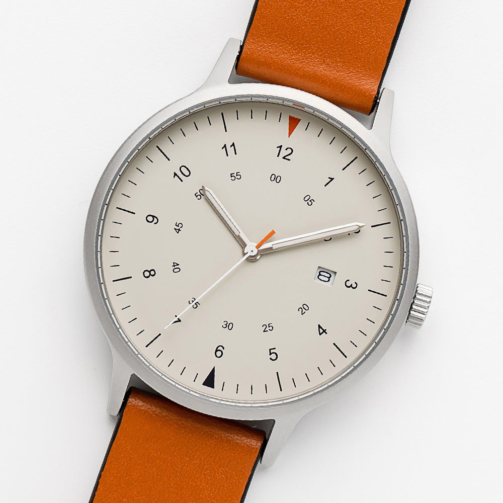 B70 Watch, Silver Case, Beige Dial, Calendar, Luminous, Leather Strap - Tan