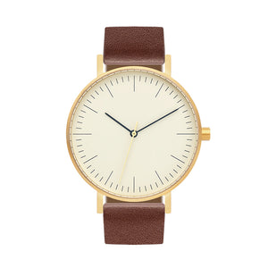 B001 Watch, Gold Case, Off White Dial, Leather Strap - Coffee - BIJOUONE
