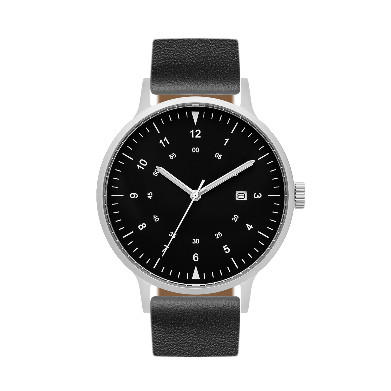 B70 Watch, Silver Case, Black Dial, Calendar, Luminous, Leather Strap