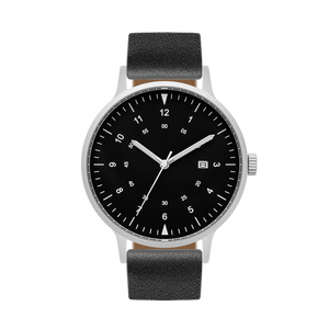 B70 Watch, Silver Case, Black Dial, Calendar, Luminous, Leather Strap - Black