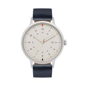 B70 Watch, Silver Case, Beige Dial, Calendar, Luminous, Leather Strap