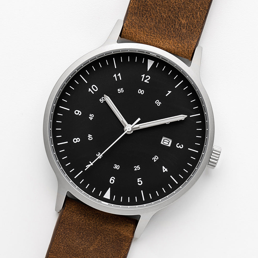 B70 Watch, Silver Case, Black Dial, Calendar, Luminous, Leather Strap - Brown Suede