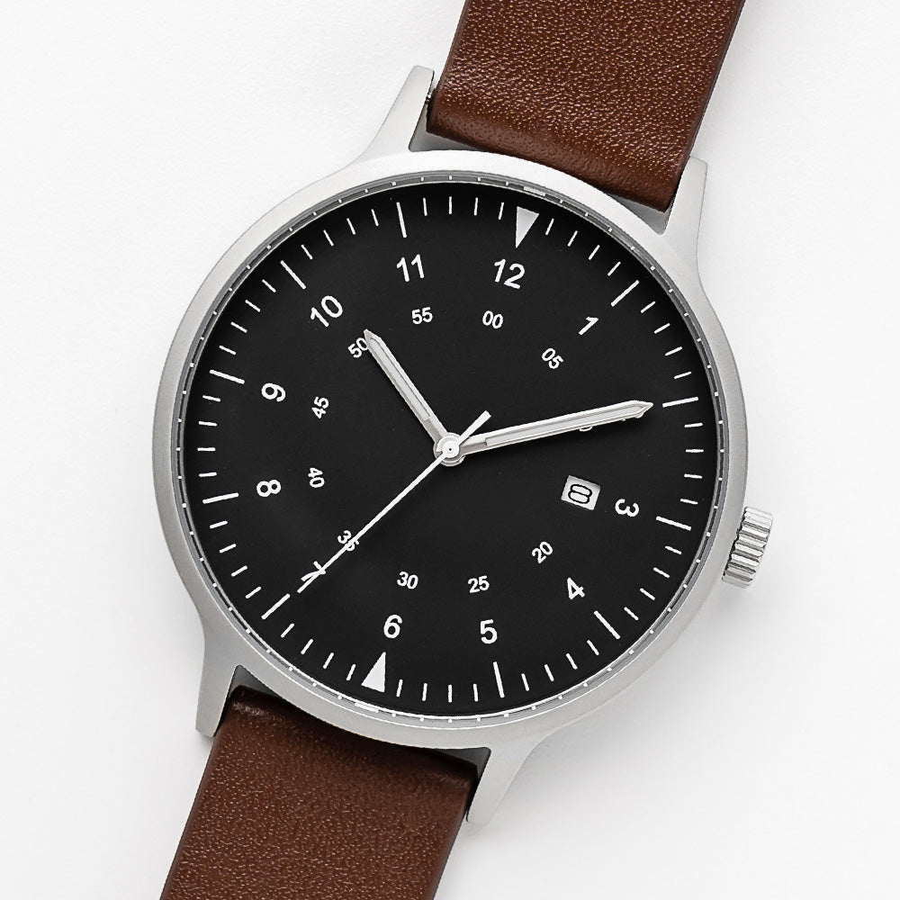 B70 Watch, Silver Case, Black Dial, Calendar, Luminous, Leather Strap - Coffee