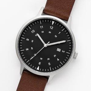 B70 Watch, Silver Case, Black Dial, Calendar, Luminous, Leather Strap - Coffee
