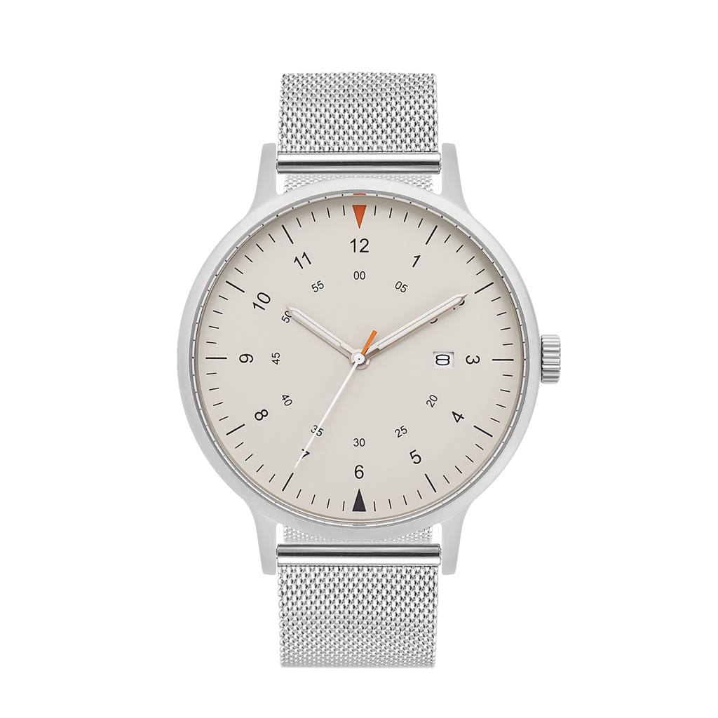 B70 Watch, Silver Case, Beige Dial, Calendar, Luminous, Stainless Steel Mesh Strap