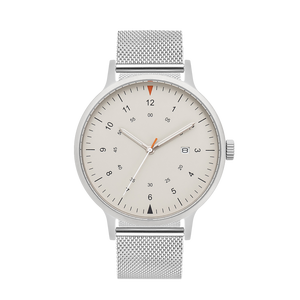 B70 Watch, Silver Case, Beige Dial, Calendar, Luminous, Stainless Steel Mesh Strap