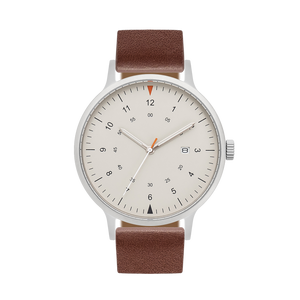 B70 Watch, Silver Case, Beige Dial, Calendar, Luminous, Leather Strap