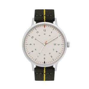 B70 Watch, Silver Case, Beige Dial, Calendar, Luminous, Stretch Nylon Strap