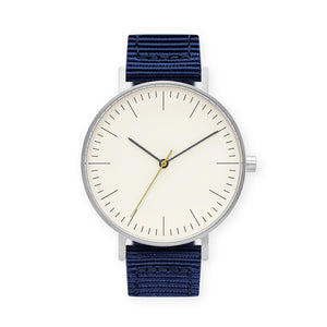 B001 Watch, Silver Case, Off White Dial, Nylon Strap - Navy - BIJOUONE