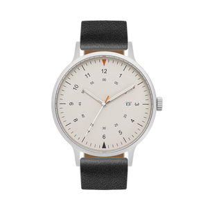 B70 Watch, Silver Case, Beige Dial, Calendar, Luminous, Leather Strap - Black