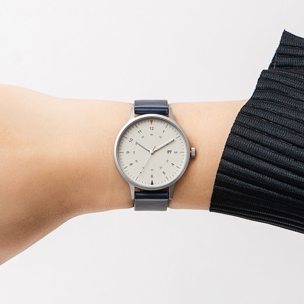 B70 Watch, Silver Case, Beige Dial, Calendar, Luminous, Leather Strap - Navy