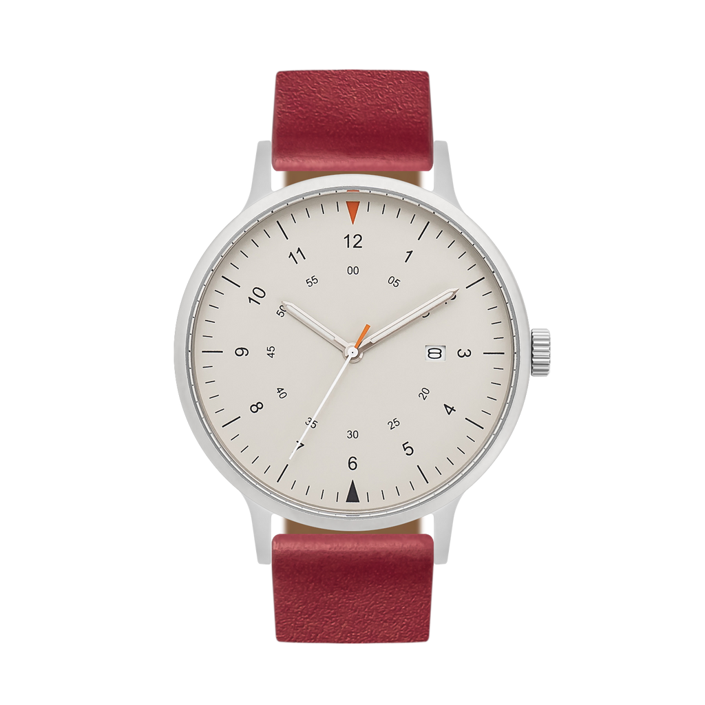 B70 Watch, Silver Case, Beige Dial, Calendar, Luminous, Leather Strap - Red