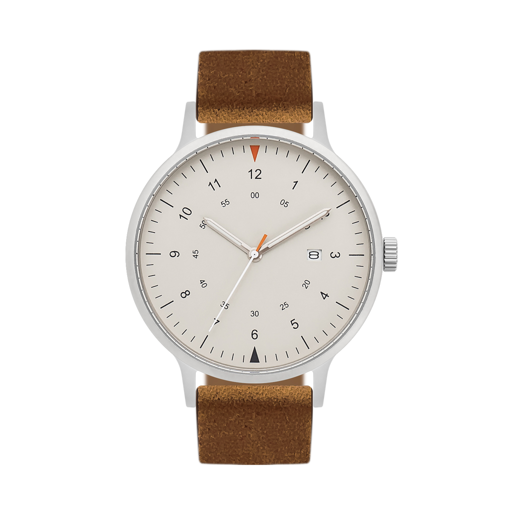 B70 Watch, Silver Case, Beige Dial, Calendar, Luminous, Leather Strap - Brown Suede