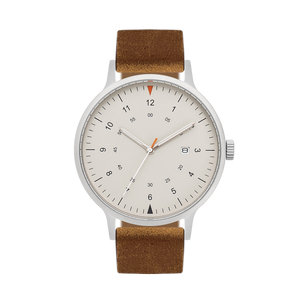 B70 Watch, Silver Case, Beige Dial, Calendar, Luminous, Leather Strap - Brown Suede