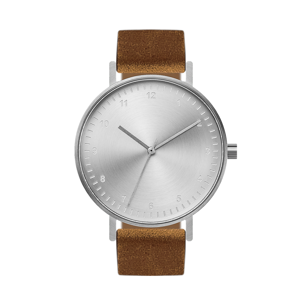 B60 Watch, Silver Case, silver Dial, Leather Strap - Brown Suede