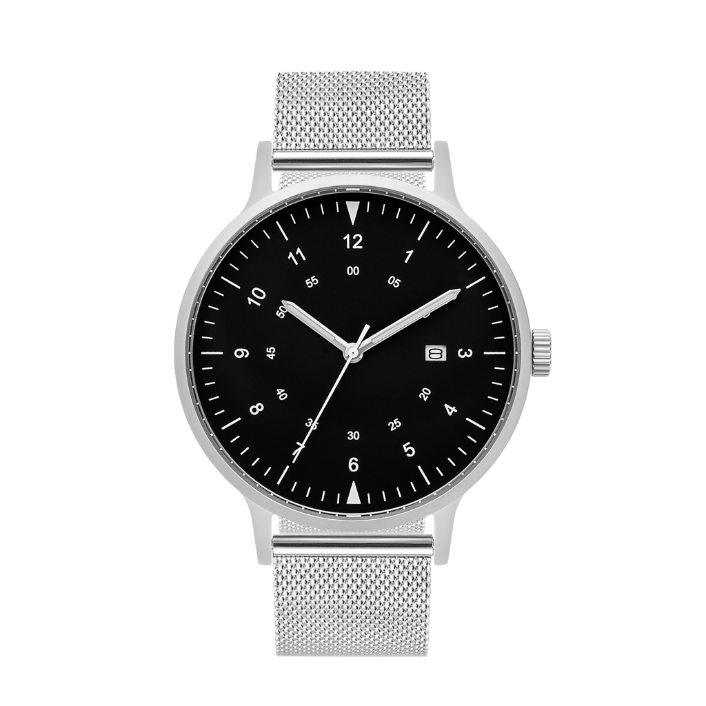 B70 Watch, Silver Case, Black Dial, Calendar, Luminous, Stainless Steel Mesh Strap