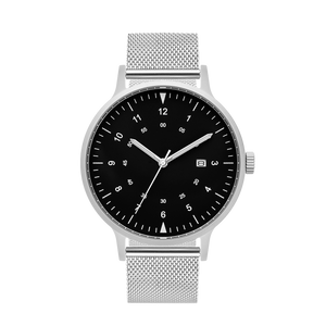 B70 Watch, Silver Case, Black Dial, Calendar, Luminous, Stainless Steel Mesh Strap