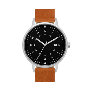 B70 Watch, Silver Case, Black Dial, Calendar, Luminous, Leather Strap