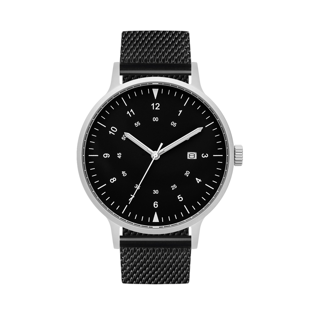 B70 Watch, Silver Case, Black Dial, Calendar, Luminous, Black Stainless Steel Mesh Strap