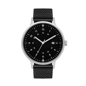 B70 Watch, Silver Case, Black Dial, Calendar, Luminous, Black Stainless Steel Mesh Strap