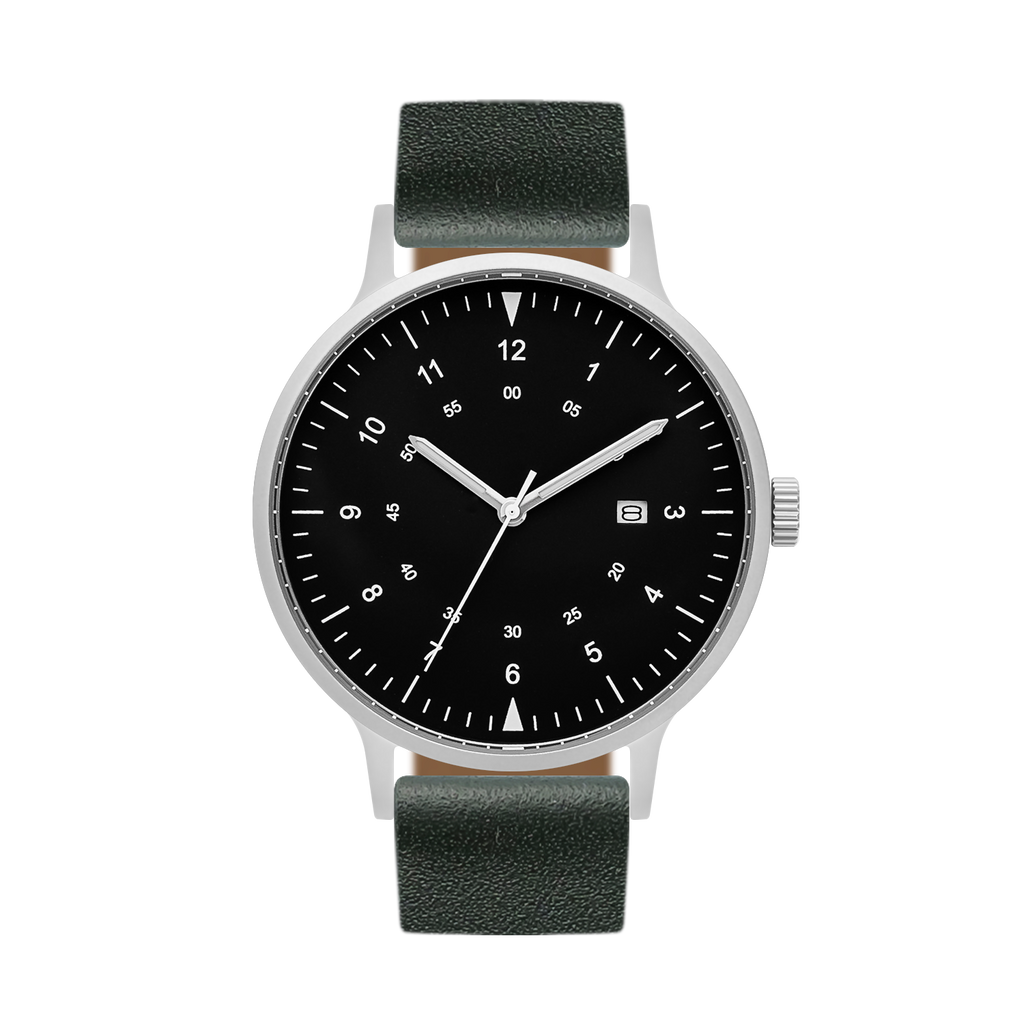 B70 Watch, Silver Case, Black Dial, Calendar, Luminous, Leather Strap - Green