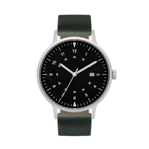 B70 Watch, Silver Case, Black Dial, Calendar, Luminous, Leather Strap - Green