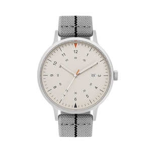 B70 Watch, Silver Case, Beige Dial, Calendar, Luminous, Stretch Nylon Strap