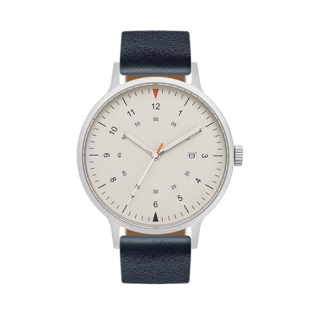 B70 Watch, Silver Case, Beige Dial, Calendar, Luminous, Leather Strap - Navy