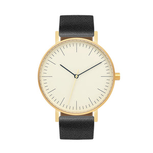 B001 Watch, Gold Case, Off White Dial, Leather Strap - Black - BIJOUONE