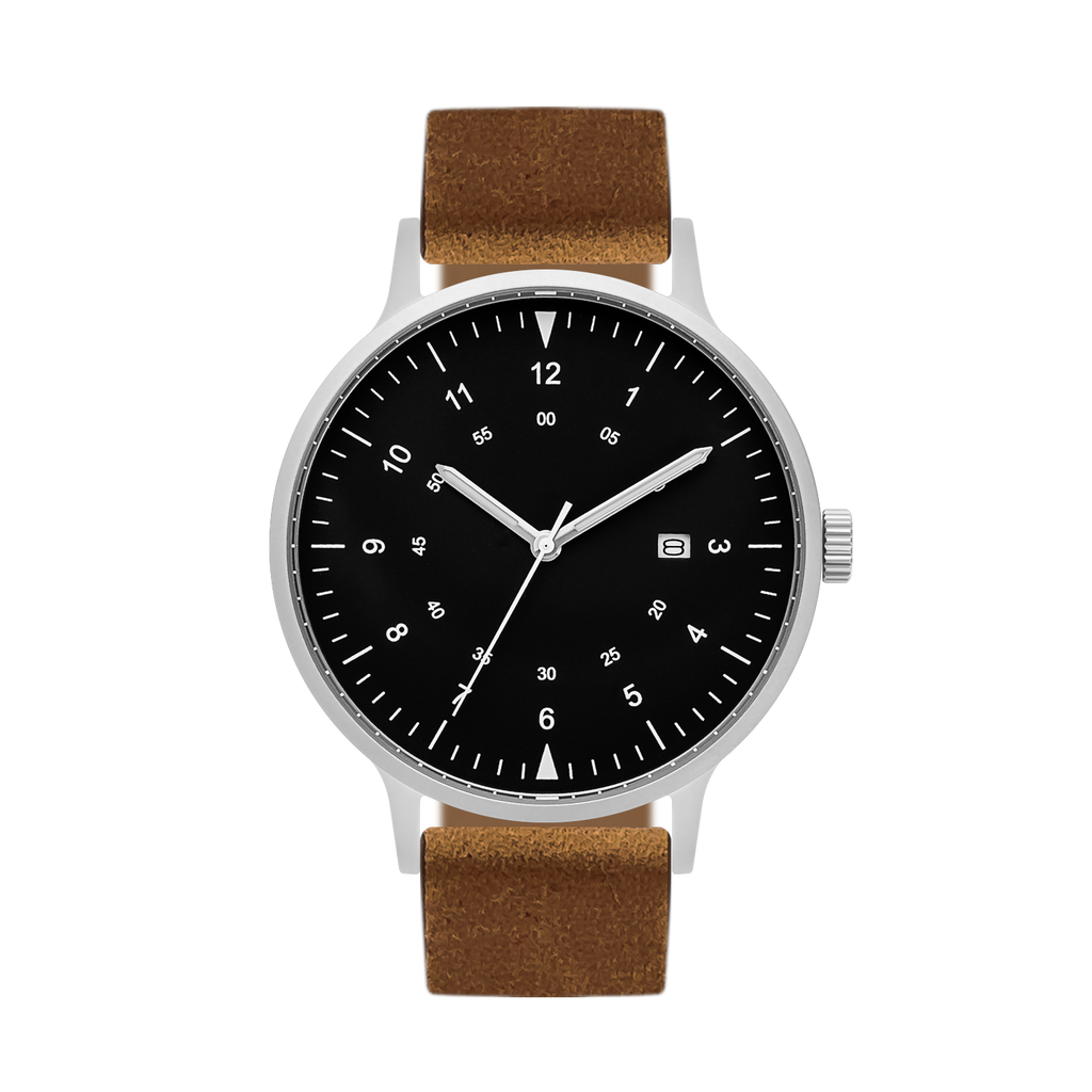 B70 Watch, Silver Case, Black Dial, Calendar, Luminous, Leather Strap - Brown Suede