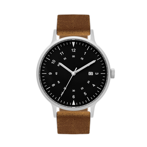 B70 Watch, Silver Case, Black Dial, Calendar, Luminous, Leather Strap - Brown Suede