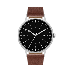 B70 Watch, Silver Case, Black Dial, Calendar, Luminous, Leather Strap - Coffee