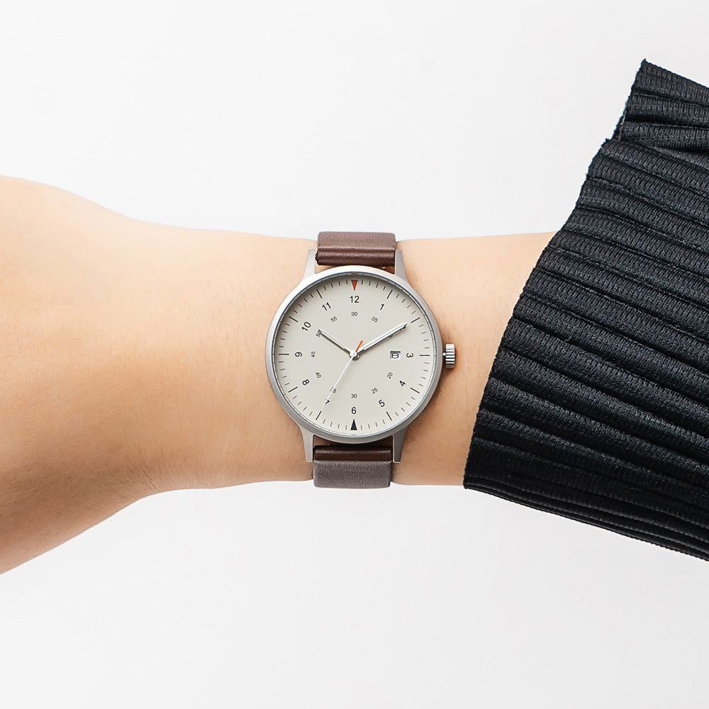 B70 Watch, Silver Case, Beige Dial, Calendar, Luminous, Leather Strap - Coffee