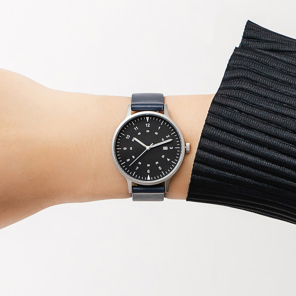 B70 Watch, Silver Case, Black Dial, Calendar, Luminous, Leather Strap - Navy