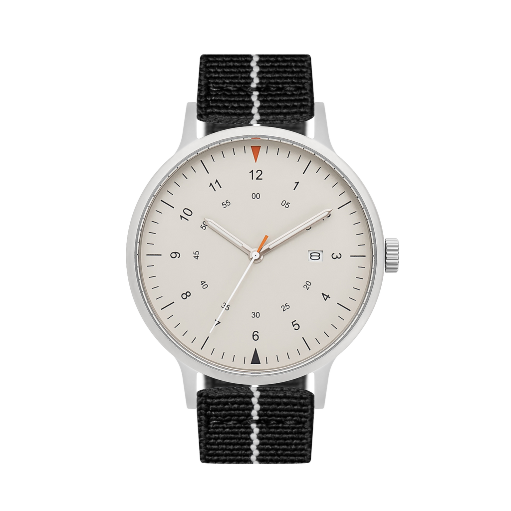B70 Watch, Silver Case, Beige Dial, Calendar, Luminous, Stretch Nylon straps - Black