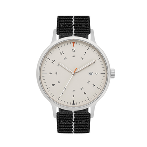 B70 Watch, Silver Case, Beige Dial, Calendar, Luminous, Stretch Nylon straps - Black