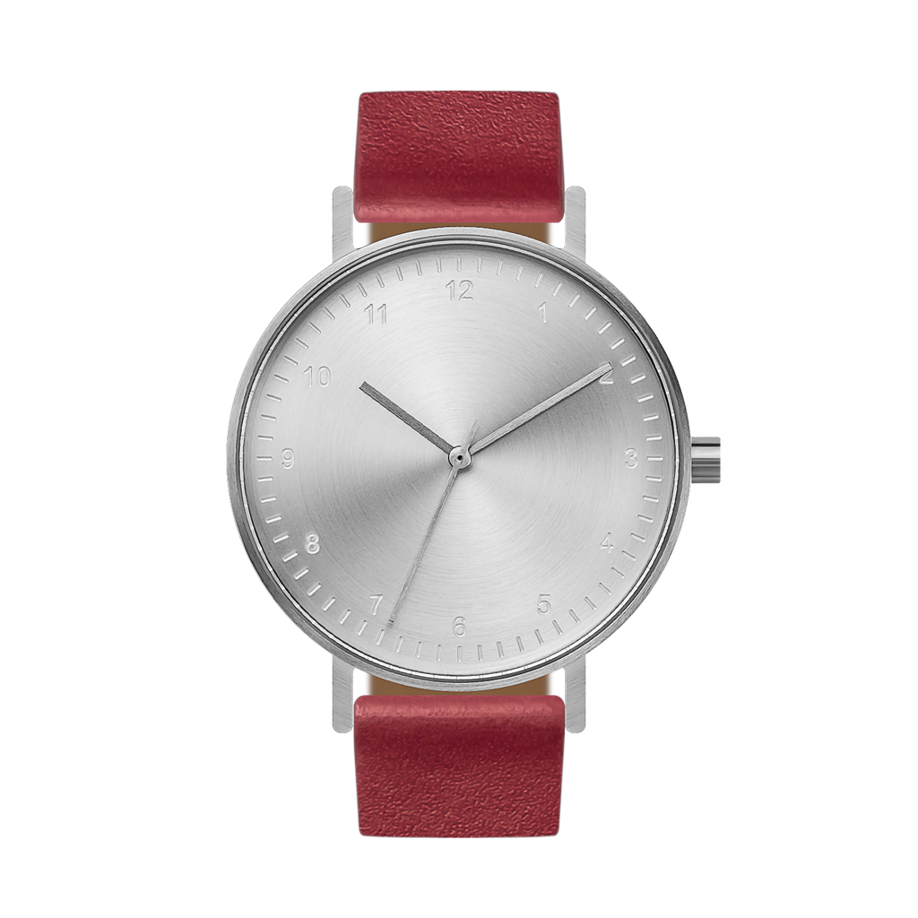 B60 Watch, Silver Case, silver Dial, Leather Strap - Red