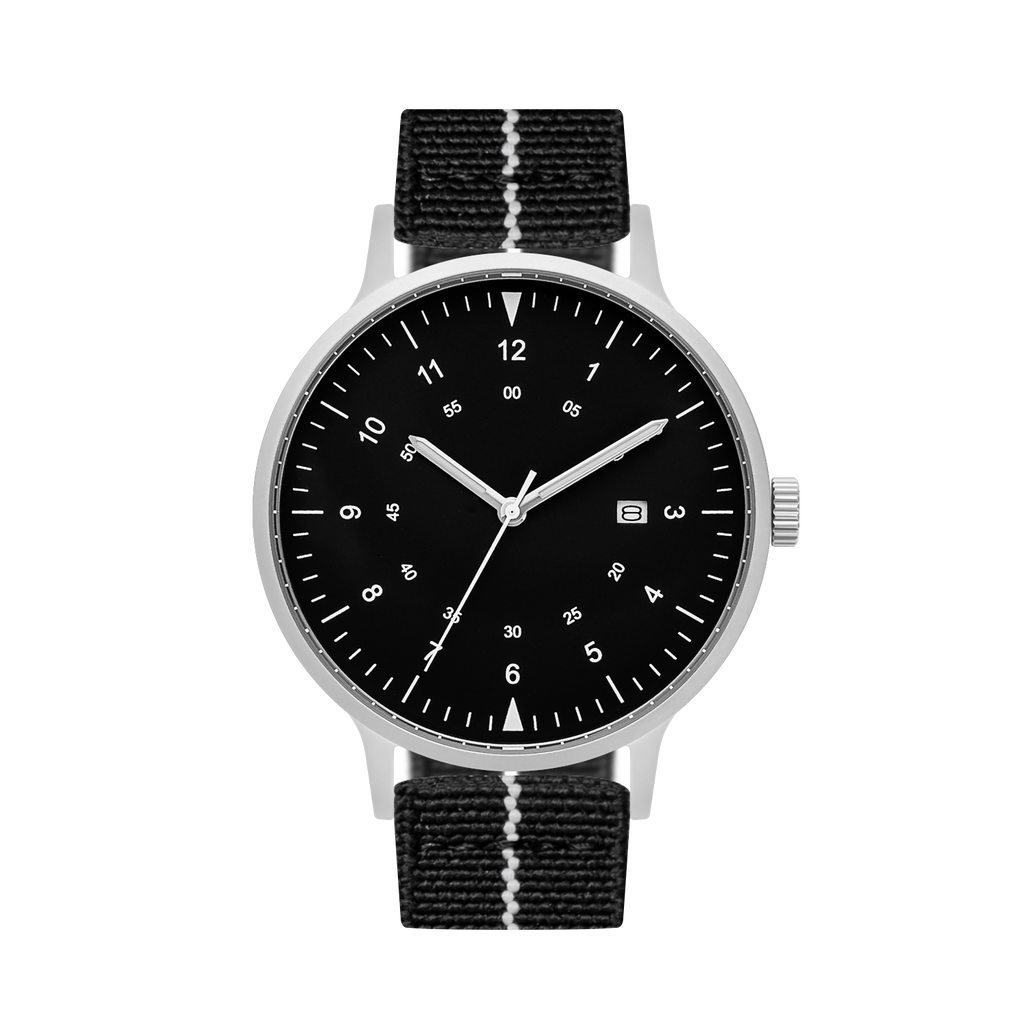 B70 Watch, Silver Case, Black Dial, Calendar, Luminous, Stretch Nylon straps - Black