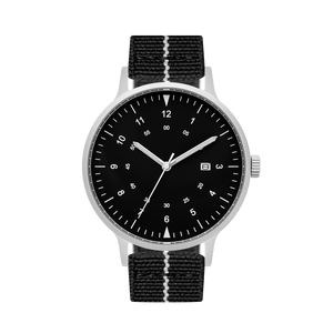 B70 Watch, Silver Case, Black Dial, Calendar, Luminous, Stretch Nylon straps - Black