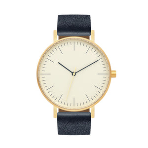 B001 Watch, Gold Case, Off White Dial, Leather Strap - Navy - BIJOUONE