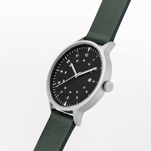 B70 Watch, Silver Case, Black Dial, Calendar, Luminous, Leather Strap