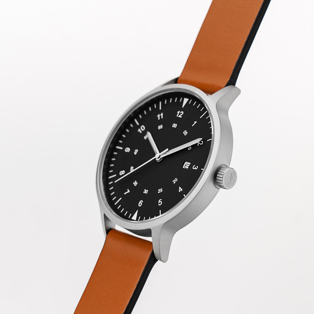 B70 Watch, Silver Case, Black Dial, Calendar, Luminous, Leather Strap - Tan